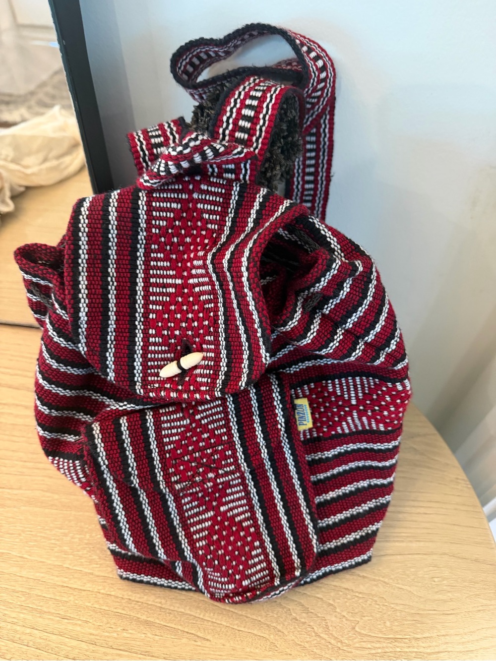 Artisanal pinzon Red & Black Striped Women's Backpack - Boho small Woven Design